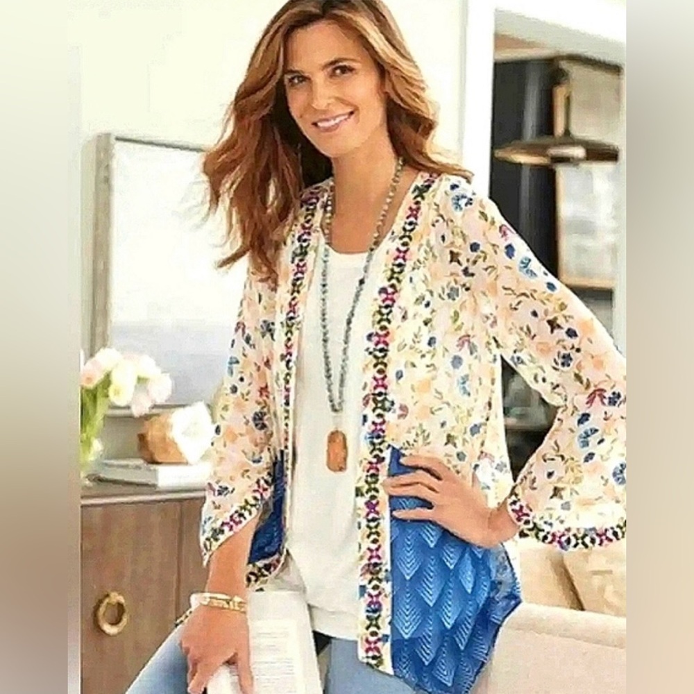 Soft Surroundings Floral Embroidered Open Cardigan in Cream, Blue, Pink Large